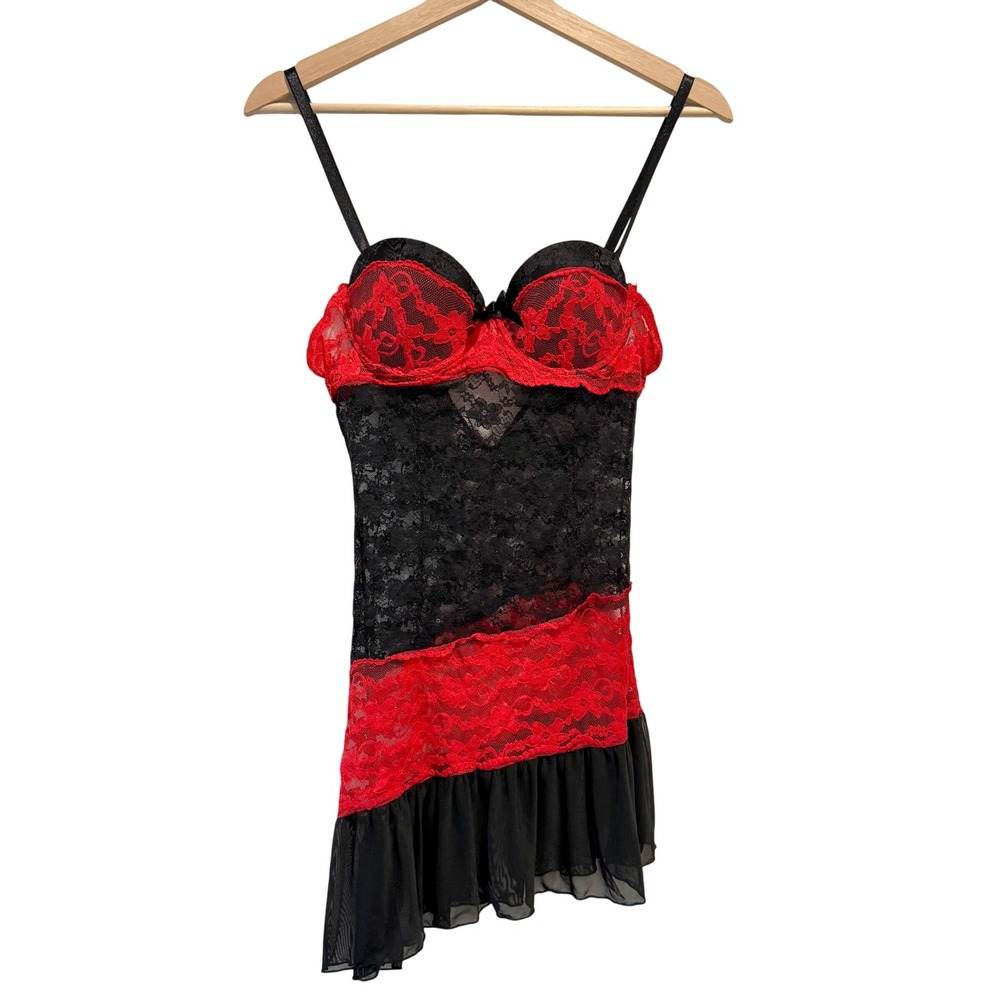 Nature Intimates Fairy Goth Red Black Lace Chemise Slip Dress 34B